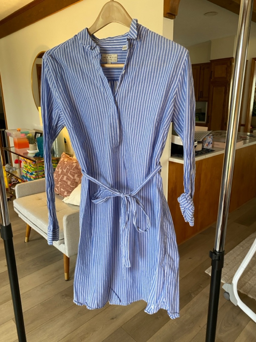 Jack Wills Blue and White Striped Long Sleeve Shirt Dress with Tie Belt